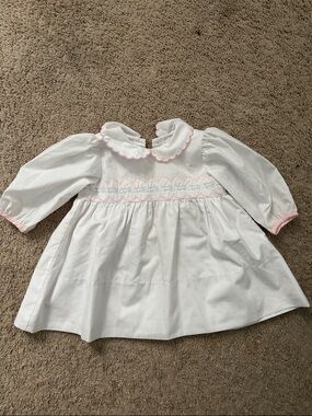 Lullaby Set White Long-Sleeve Dress with Pink Trim and Blue Scotty Dogs 12mon